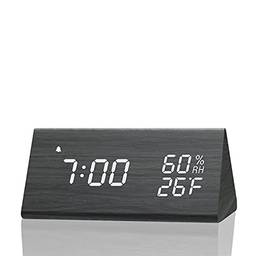Despertador digital, com display de tempo LED eletrônico de madeira, 3 configurações de alarme, umidade & Detecção de temperatura, relógios elétricos feitos de madeira para quarto, cabeceira