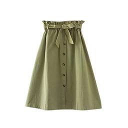 Saia feminina de cintura alta WSLCN, elegante, casual, vintage, plissada, com botões, saia midi com bolsos para cinto, Army Green, Waist 23.6"-38.6"