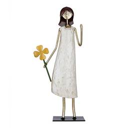 LOUJIN Estátua de menina de segurando flor de arte em ferro de menina enfeite moderno para sala de estar, armário e mesa, presente de vitalidade e esperança