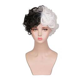 Gathy Perucas Para Mulheres,Preto e branco peruca curta ondulada sintética perucas cabelo encaracolado feminino para o Halloween Magic Show cosplay