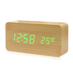 Honorall Despertador digital de madeira digital LED de madeira Exibição de data/hora/temperatura Relógio de mesa 3 níveis Brilho Controle de voz Carga USB ou fonte de bateria - Madeira natural