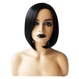 Peruca feminina preta curta Afro reta Bob cabelo fibra química cabelo repartido no meio 35 cm 1 peça para festa da vida diária
