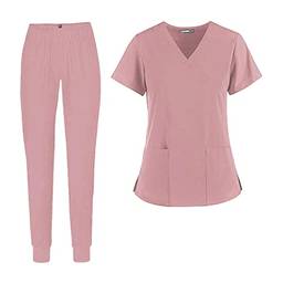 DYNWAVE Conjunto Comfort Nursing Scrub Roupas de de manga com bolsos na parte das calças, Cor de rosa, XXL