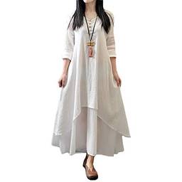 WSLCN Vestido Feminino de Algodão e Linho Irregular Manga Longa Camisa Blusa longa Longa Casual Solto Plus Size XL Branco