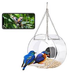 Alimentador de pássaros de janela clara com ventosa de câmera wi-fi, alimentador de pássaros redondo transparente inteligente com cartão de 16 gb tf tomada de fotos gravação de vídeo IR visão