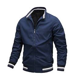 WSLCN Jaqueta bomber masculina leve softshell corta-vento primavera outono casaco, Azul (forro de lã), GG