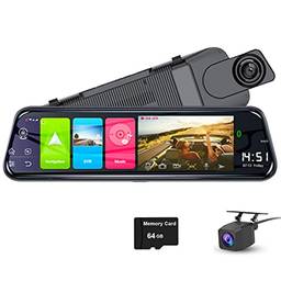 Espelho retrovisor do carro Dash Cam, 4G Android 8.1, com wifi GPS Navi, música Bluetooth, lente dupla FHD 1080P Gravador de vídeo da câmera frontal e traseira (cartão de 64 GB incluído)