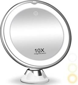 Espelho de maquiagem de aumento de 10X com luzes, iluminação de 3 cores, espelho de banheiro com ventosa, interruptor inteligente, rotação de 360 graus,?R????????????