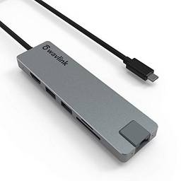 Hub USB C, WAVLINK Hub USB portátil com carregamento de 100 W e HDMI 4 K, adaptador USB C fino para laptop com Gigabit Ethernet, leitor de cartão SD/TF, 2 USB 3.0, 1 USB C, suporta MacBook, Flash Drive, HDD móvel