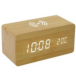 Despertador digital de madeira,mewmewcat Despertador digital de madeira com carregamento sem fio 3 alarmes Display LED Controle de som para quarto de cabeceira Presente de escritório para crianças e a