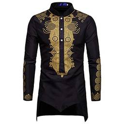 Blusa masculina WSLCN com estampa Dashiki africana, manga comprida, primavera, outono, Preto, Bust 40.6" (Asian M)