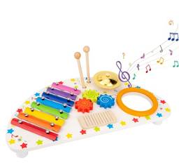 Instrumentos musicais de brinquedos para bebês, brinquedos musicais completos para crianças de 1 a 3 anos (inclui engrenagens de guiro de prato de tambor xilofone), brinquedos montessori de madeira pa