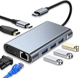 KABEWUS Hub USB C, Adaptador USB C multiportas 7 em 1 com 4K HDMI VGA USB 3.0 100W PD e RJ45 Ethernet, Docking Station USB C Compatível com MacBook Pro & Air USB C Laptop e outros dispositivos Tipo C