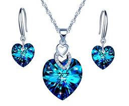 Colar e brincos femininos de prata 925, colar de coração de cristal azul, brincos de cristal, conjunto de joias, presente de aniversário?LIANLI (R??????????)