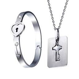 Holibanna Pulseira de bloqueio e chave com pingente de chave para casais, homens e mulheres, amantes, aniversário, joias, coração, pulseira prata