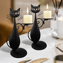 Conjunto de dois castiçais de gato preto para velas de pilar Led velas sem chamas, castiçais decorativos vintage de casa de fazenda rústica para gatos de metal para peças centrais,LIANLI(Preta)
