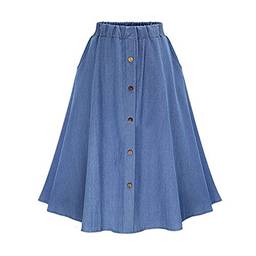WSLCN Saia Midi Jeans Feminina Evasê Casual Elegante Vintage Chique Cintura Alta Saia Plissada Longa Azul