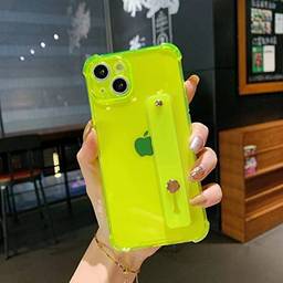 Compatível com iPhone 13, capa transparente com alça de dedo de mão ajustável suporte macio TPU capa de telefone translúcido protetora para iPhone 13 (Amarelo)