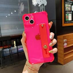 Compatível com iPhone 13 Pro, capa transparente com alça de dedo ajustável suporte macio TPU capa de telefone translúcido protetora para iPhone 13 Pro (rosa vermelho)