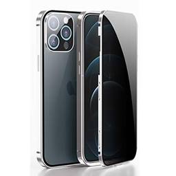 UBERANT Capa para iPhone 12 Pro Max, moldura de metal e vidro temperado 2 em 1 película protetora de tela de privacidade transparente, luxuosa, resistente a arranhões, capa de absorção magnética à prova de choque para iPhone 12 Pro Max - Prata