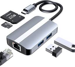 USB C HUB 5 em 1, adaptador USB C multiportas com USB 3.0, RJ45 Ethernet e leitor de cartão SD/TF, estação de ancoragem USB C compatível com MacBook Pro & Air USB C Laptop e outros dispositivos Type-C