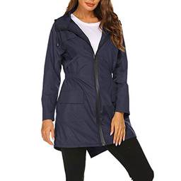 WSLCN jaqueta longa feminina à prova d'água para uso ao ar livre, leve, à prova de vento, casual, esportivo, casaco, Azul marinho, Bust 44.1" (Asian M)