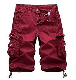 WSLCN Shorts Cargo de Algodão Bermuda Masculino com Vários Bolsos Calça Cortada de Verão Vermelho Cintura 32