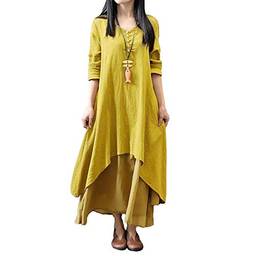 WSLCN Vestido Feminino de Algodão e Linho Irregular Manga Longa Camisa Blusa longa Longa Casual Solto Plus Size L Amarelo