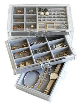 Caixa organizadora de joias de acrílico GKPLY com 3 gavetas, caixas de joias transparentes para mulheres brinco anéis pulseira e suporte para colar armazenamento veludo vitrine de joias