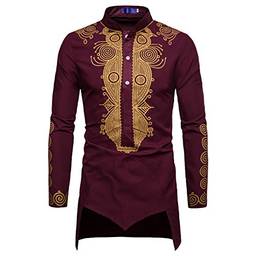 Blusa masculina WSLCN com estampa Dashiki africana, manga comprida, primavera, outono, Wine Red, Bust 45.3" (Asian XL)