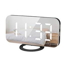 Honorall Despertador digital LED com grande fonte branca na superfície do espelho Função Snooze Portas de carregamento USB duplas para quartos de crianças Quarto de escritório Viagem