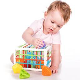 GKPLY Shape Sorter Brinquedos para Bebês 12-18 Meses, Aprendizagem Montessori, Brinquedos de Desenvolvimento, Cubo de Armazenamento & 6 Blocos de Formas Sensoriais, Habilidades Motoras Finas, Pres