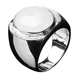 Holibanna Anel de ágata branca natural da pedra da lua anel de dedo vintage Scotch Pebble Stone anel circular anel de casamento joia para mulheres namoradas (prata)