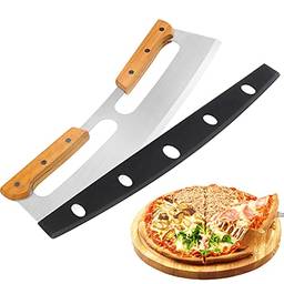 Rocker de cortador de pizza com alças de madeira & Capa protetora por GKPLY, roda de fatiador de pizza de aço inoxidável afiada de 14", cortadores de faca de pizza grande para ferramenta de cozin