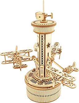 Quebra-cabeça de madeira 3D para adultos Caixa de música de torre de avião - Kit de construção de modelo mecânico DIY 10", presentes para meninos/meninas/pais/família?R????????????
