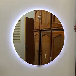 Espelho de Vidro Redondo Lapidado com LED Decorativo Banheiro Quarto Sala 50cm