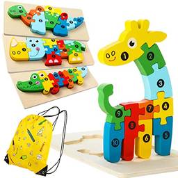 Brinquedos educativos GKPLY com 4 pacotes de quebra-cabeças e 1 mochila de cordão Montessori quebra-cabeças de madeira para crianças de 3 a 5 anos(Animal)