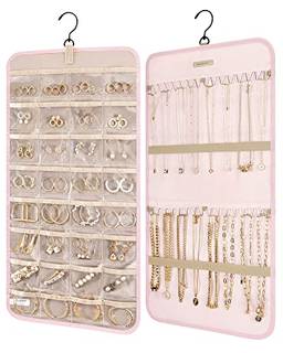 Rolo de armazenamento de organizador de joias para pendurar com ganchos de metal para pendurar porta-joias de dois lados para brincos, colares, anéis no armário, parede, porta, 1 peça, ?R????????????