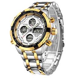 Relógio digital analógico de aço inoxidável de luxo Gold Hour masculino esportivo à prova d'água grande e pesado, silver gold white