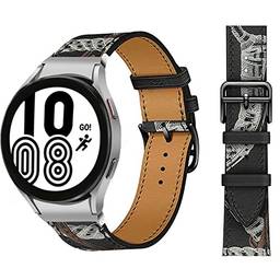 Pulseira de couro vintage de 20 mm compatível com Samsung Galaxy Watch 4 44 mm 40 mm/4 clássico 46 mm, pulseira de reposição impressa com padrão, pulseira ajustável sem lacuna,Preto