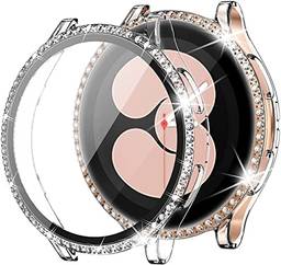 Capa Bling Crystal Rhinestone com protetor de tela de vidro temperado Compatível com Samsung Galaxy Watch 4 40mm 44mm,Mulheres Hard PC Acessórios para relógios inteligentes Case Cover,Claro,40mm