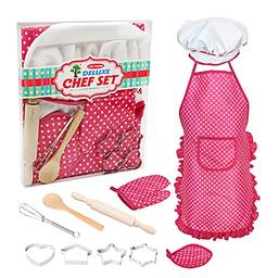 yeacher Conjunto de cozinhar e assar para crianças 11 peças com avental de chapéu de chef luva de forno utensílios de cozinha conjunto de papel de chef infantil brinquedo educativo para meninas (rosa)