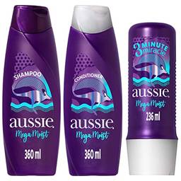 Kit Aussie Mega Moist Super Hidratação Shampoo 360ml e Condicionador 360ml e 3 Minutos Milagrosos 236ml