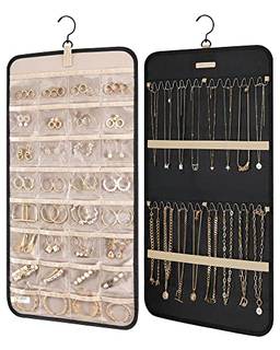 Rolo de armazenamento de organizador de joias para pendurar com ganchos de metal para pendurar porta-joias de dois lados para brincos, colares, anéis no armário, parede, porta, 1 peça, ?R????????????