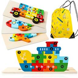 Brinquedos educativos GKPLY com 4 pacotes de quebra-cabeças e 1 mochila de cordão Montessori quebra-cabeças de madeira para crianças de 3 a 5 anos(Veículo)
