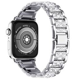 Pulseira de diamantes de brilhante para iWatch Series 7 6 5 4 3 SE, strass de aço inoxidável Strap compatível com Apple Watch 38mm 40mm 41mm 44mm 42mm 45mm,metal feminina Banda,Prata