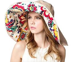 WSLCN chapéu feminino de aba larga com proteção solar dobrável, Bege, tamanho ?nico
