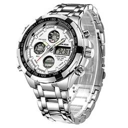 Relógio digital analógico de aço inoxidável de luxo Gold Hour masculino esportivo à prova d'água grande e pesado, silver white