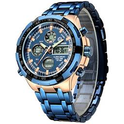 Relógio digital analógico de aço inoxidável de luxo Gold Hour masculino esportivo à prova d'água grande e pesado, rose gold blue