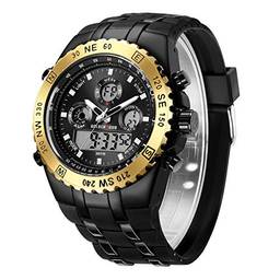 Relógio de pulso masculino à prova d 'água, cronômetro, data e data, alarme, analógico digital luminoso de aço inoxidável com pulseira de borracha da Gold Hour, Gold Black